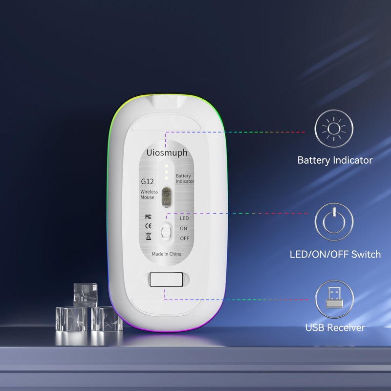 Uiosmuph LED Wireless Mouse, G12 Slim Rechargeable Silent Mouse, 2.4G Portable USB Optical Wireless Computer Mice with USB Receiver and Type C Adapter (White) - Image 5